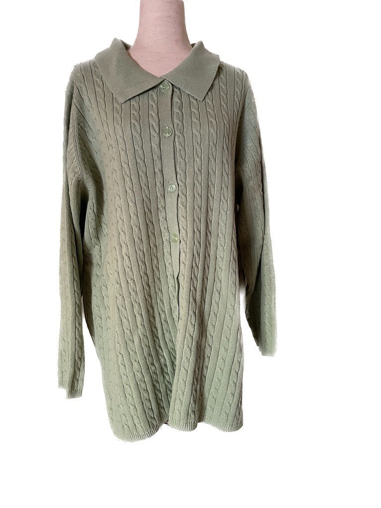 DENIM & CO New Jade Green Cable Knit cotton Cardigan Sweater, Size 3X0