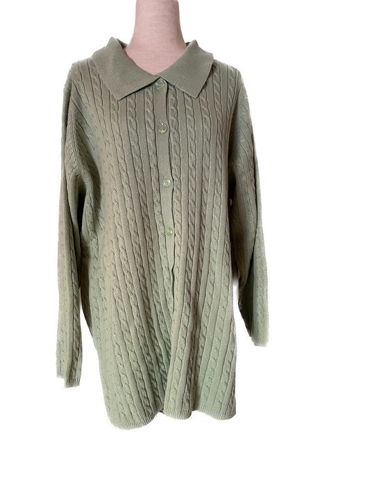 DENIM & CO New Jade Green Cable Knit cotton Cardigan Sweater, Size 3X0