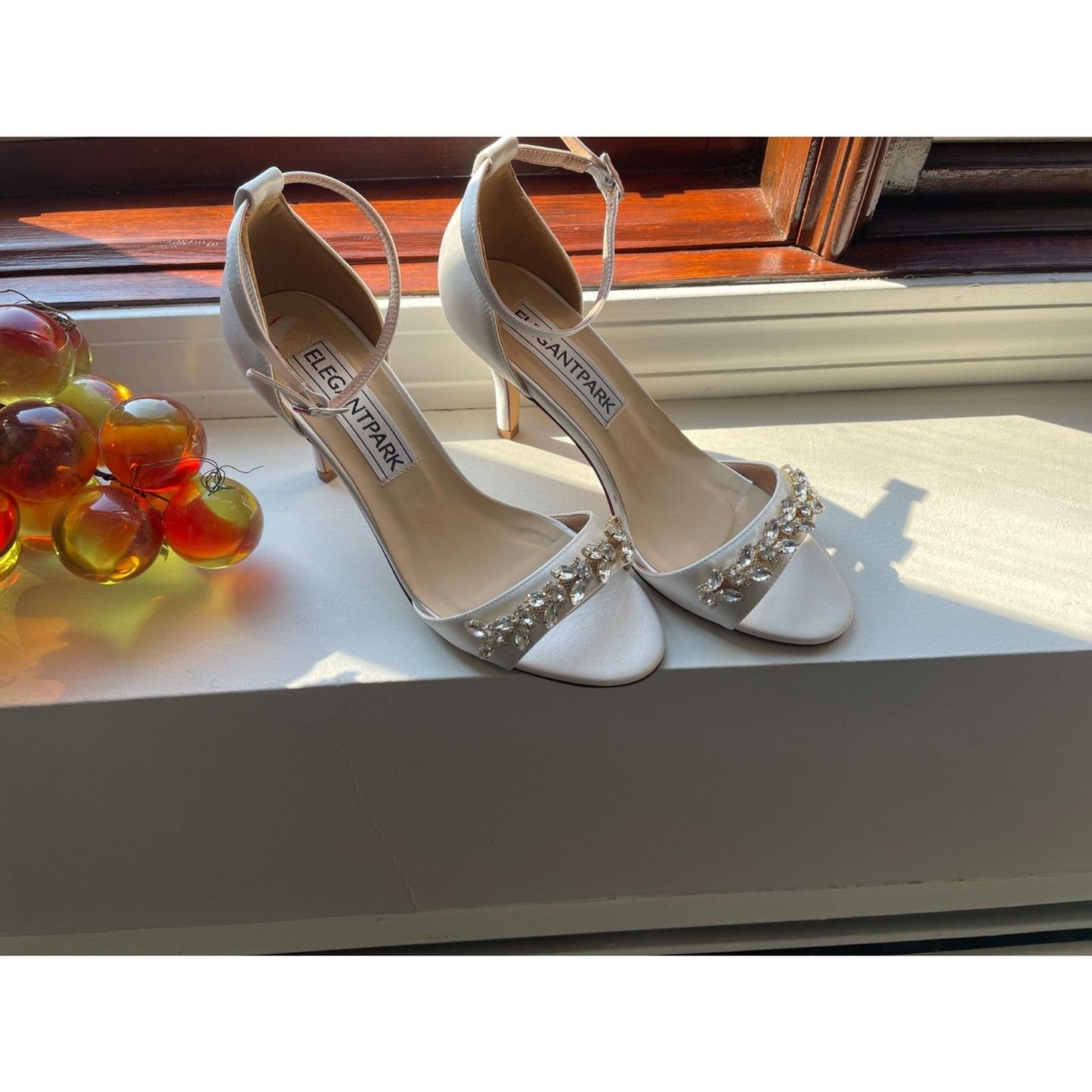 ELEGANT PARK Ivory Peep Toe 3 inch heels with crystal embellishments, Size 86