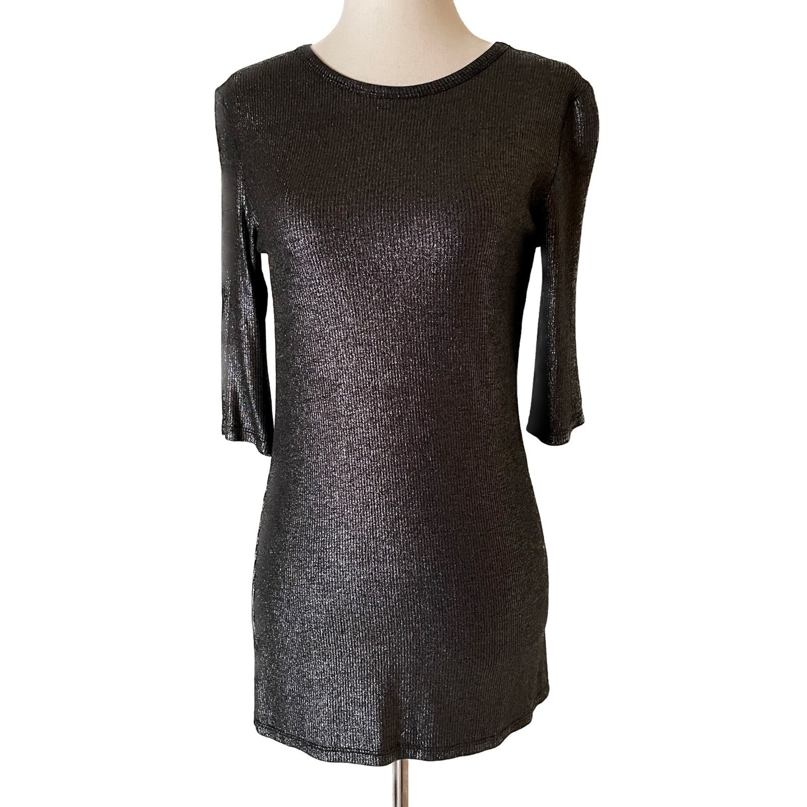 LOLA & SOPHIE New Gunmetal Metallic Pullover Sweater, 3/4 Sleeves, Size S0