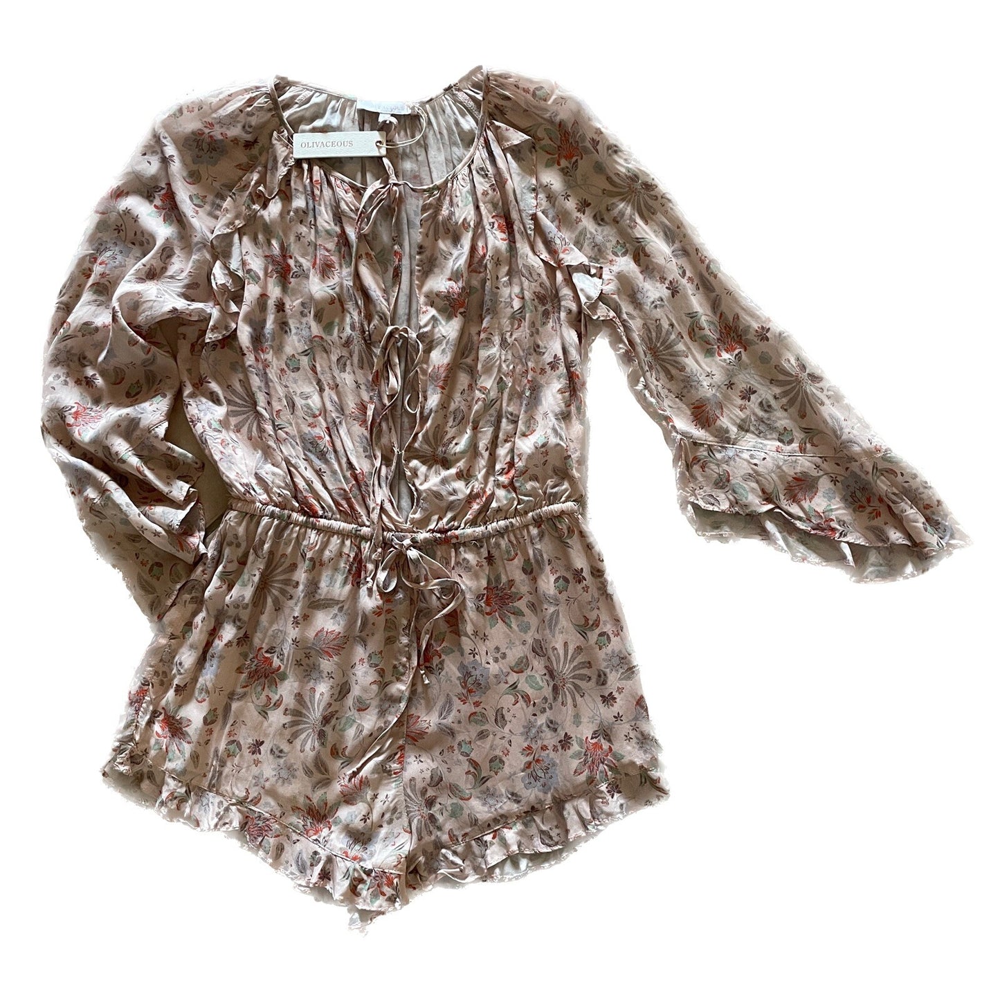 OLIVACEOUS New Peach Floral Rayon Romper with Ruffles, Size S4
