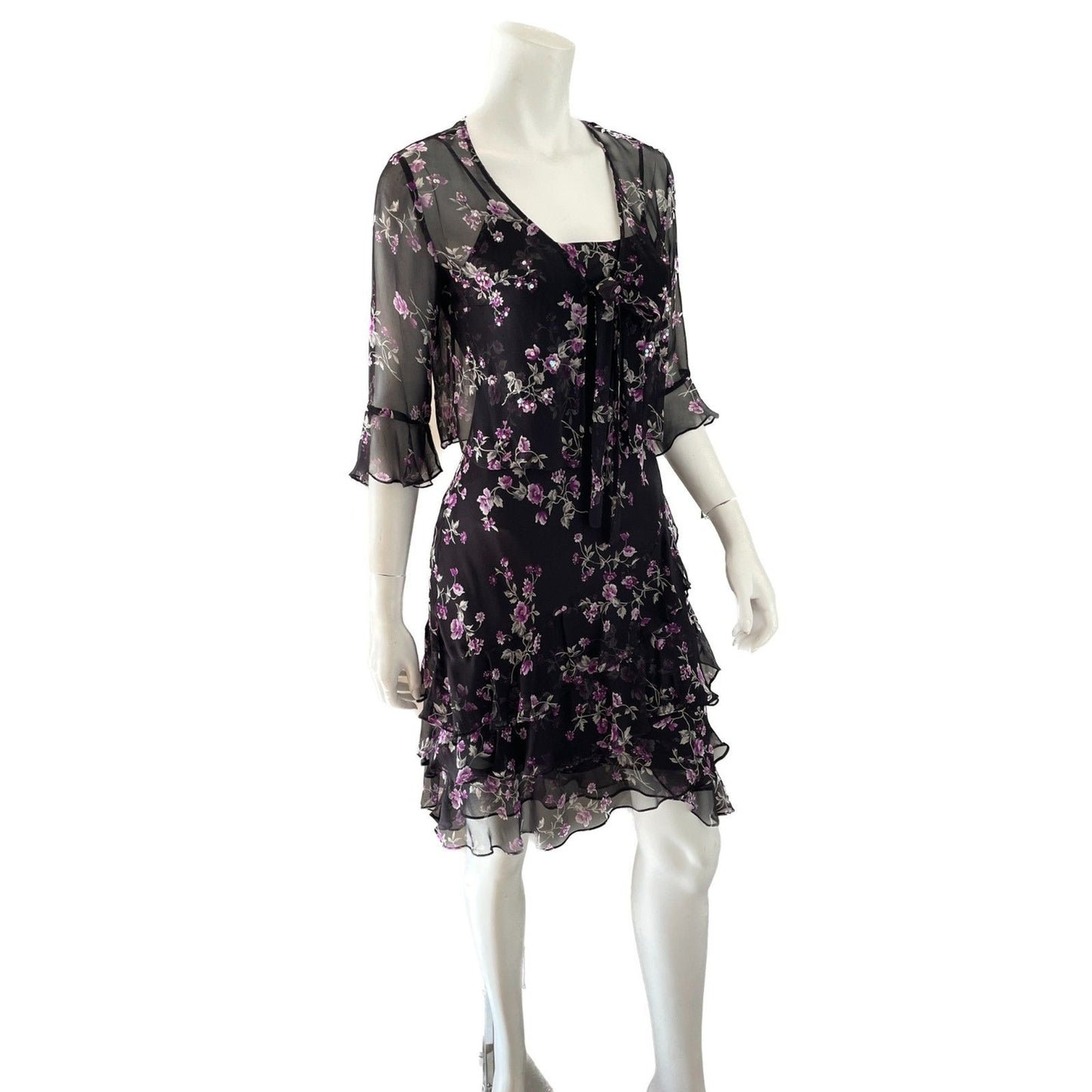ROBBIE BEE NWOT Black & Purple Floral 100% Silk Slip Dress w/Sequin Top, Size 4P0