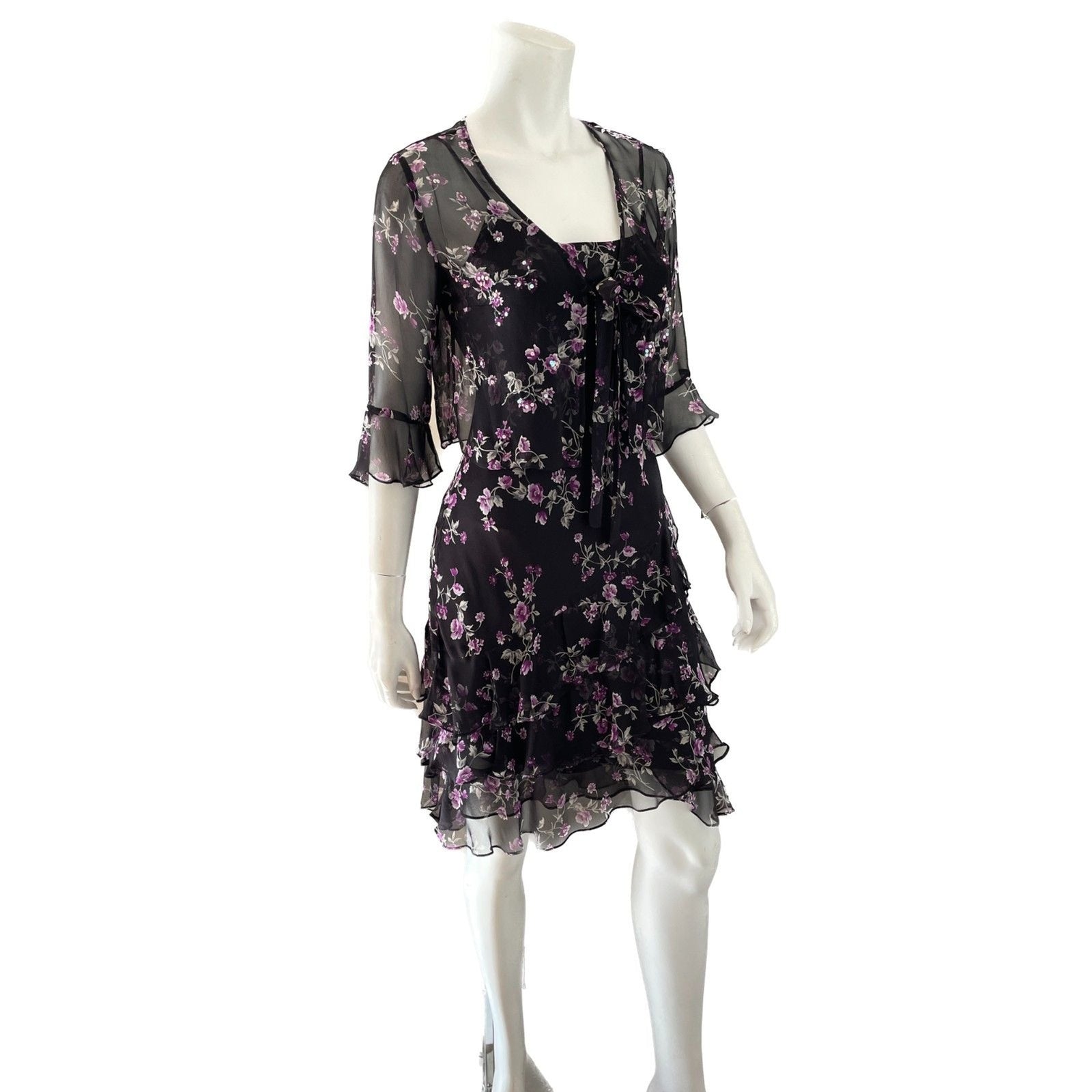 ROBBIE BEE NWOT Black & Purple Floral 100% Silk Slip Dress w/Sequin Top, Size 4P0