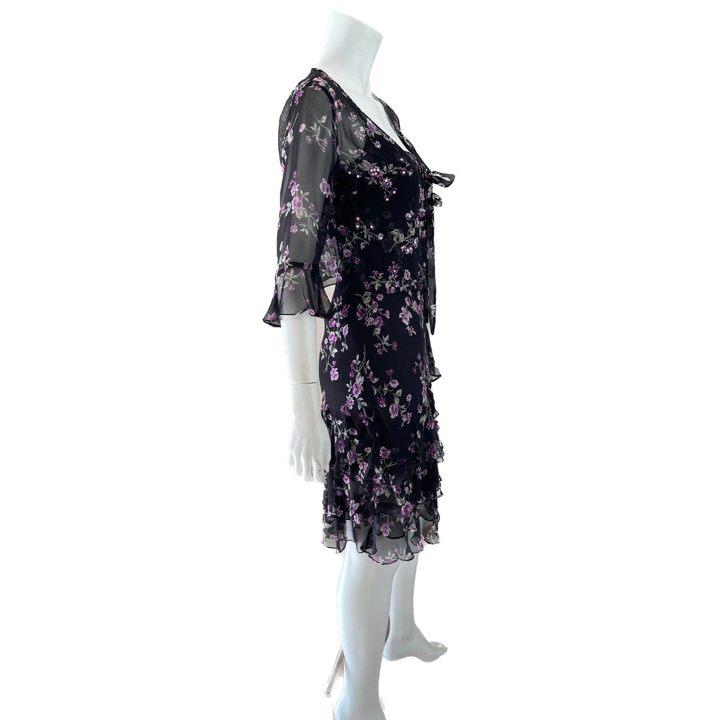ROBBIE BEE NWOT Black & Purple Floral 100% Silk Slip Dress w/Sequin Top, Size 4P3