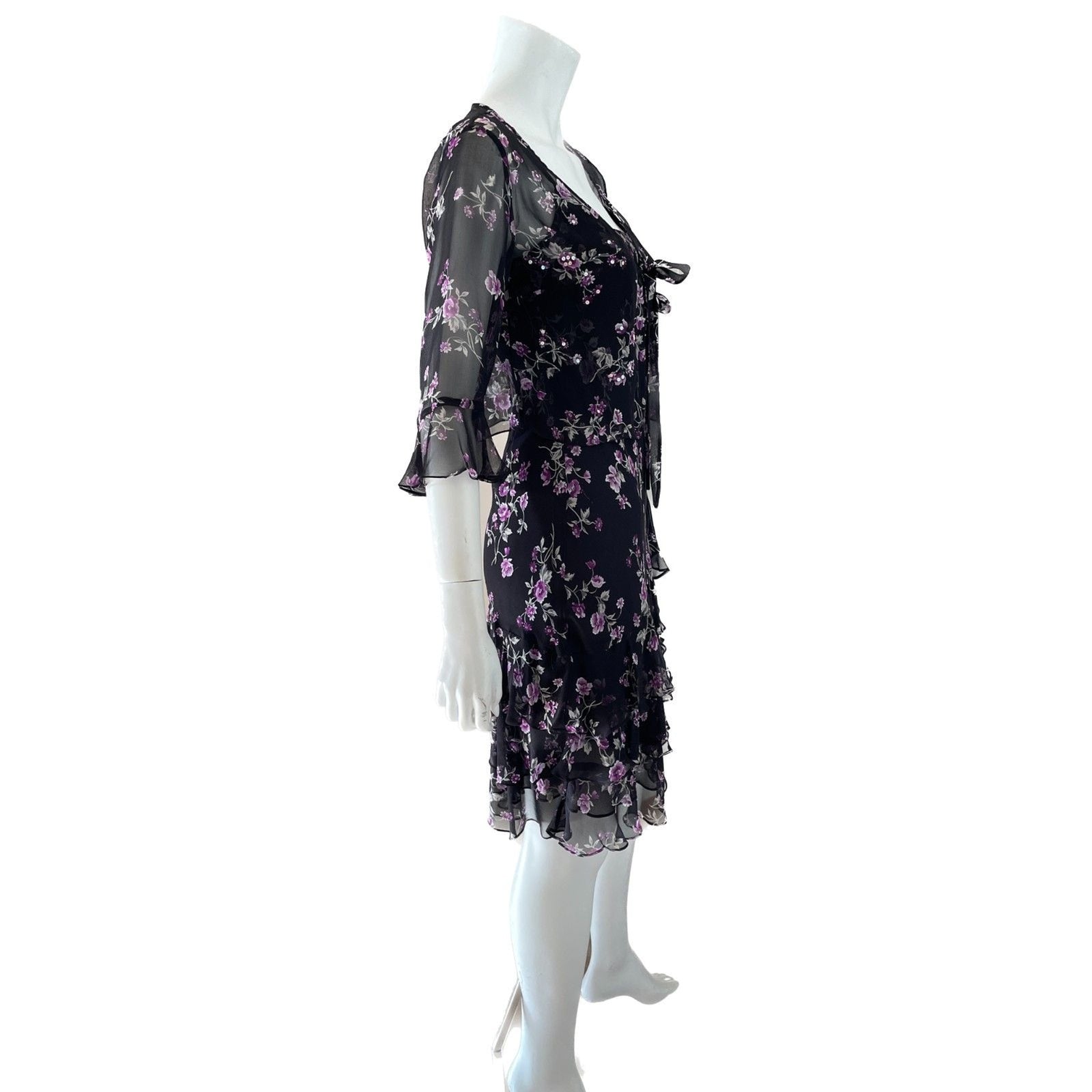 ROBBIE BEE NWOT Black & Purple Floral 100% Silk Slip Dress w/Sequin Top, Size 4P3