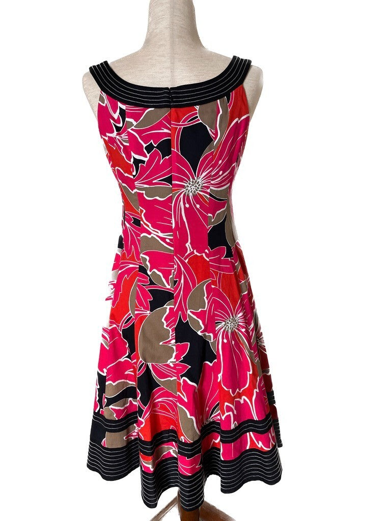NINE WEST Red, Black Bold Floral Fit Flare Cotton Sleeveless Dress, Size 42