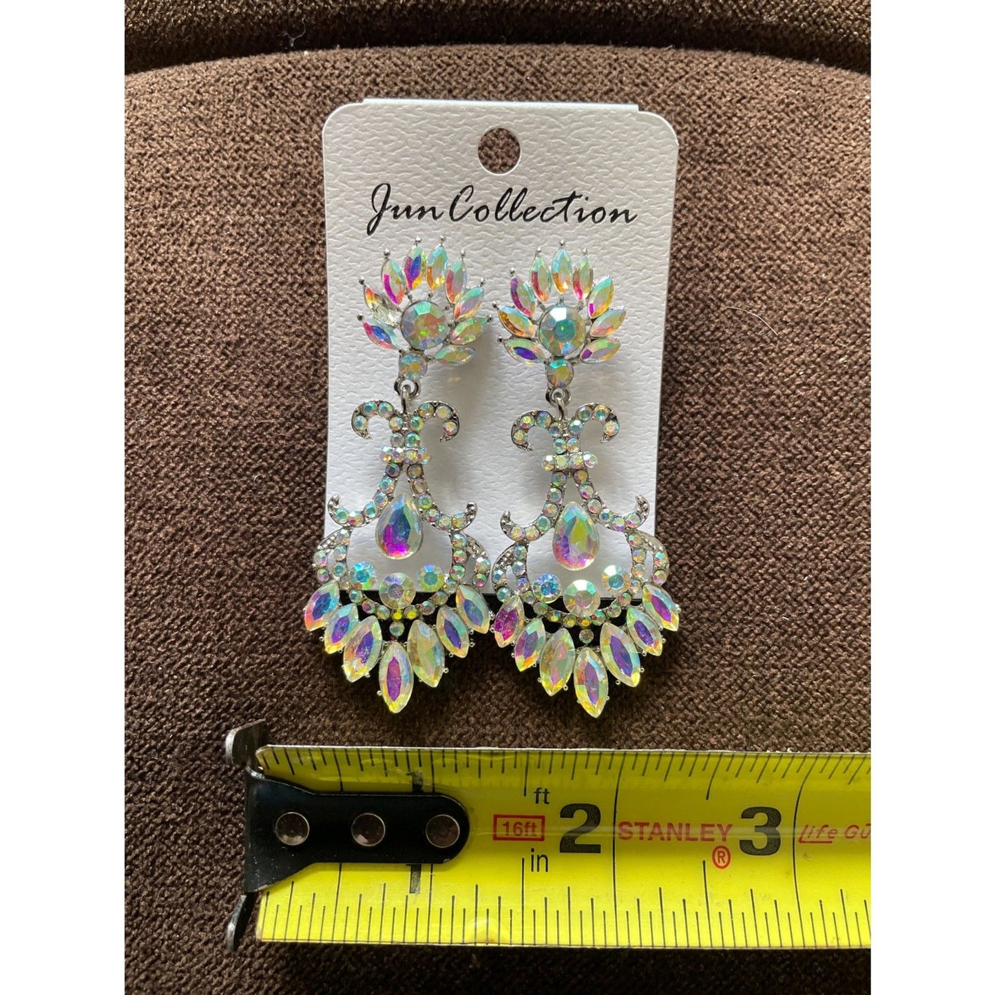 Long Silver Aurora Borealis Austrian Crystal Pageant Earrings 2.75 inches5