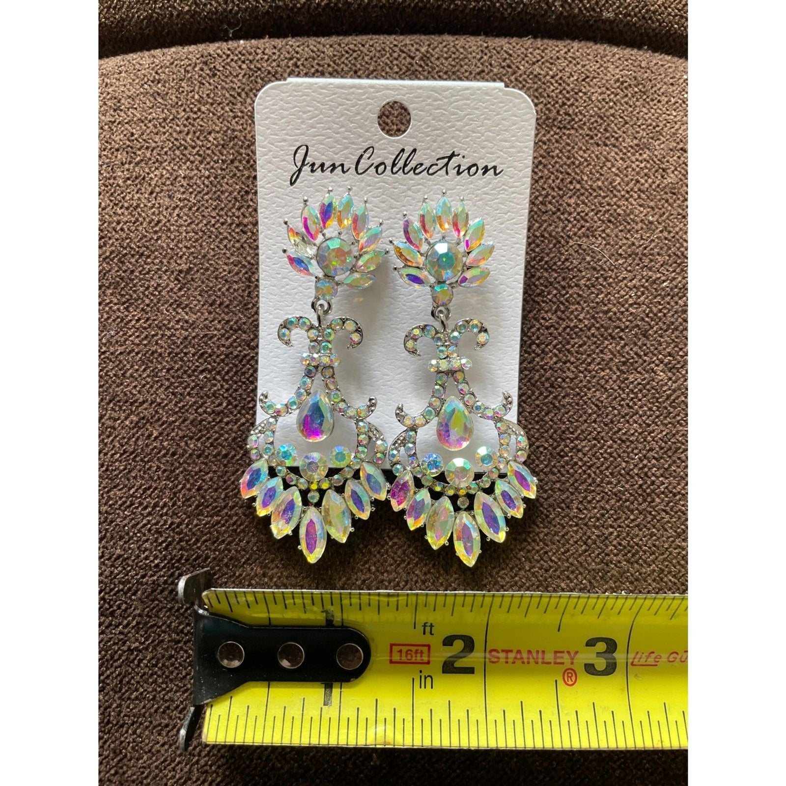 Long Silver Aurora Borealis Austrian Crystal Pageant Earrings 2.75 inches5