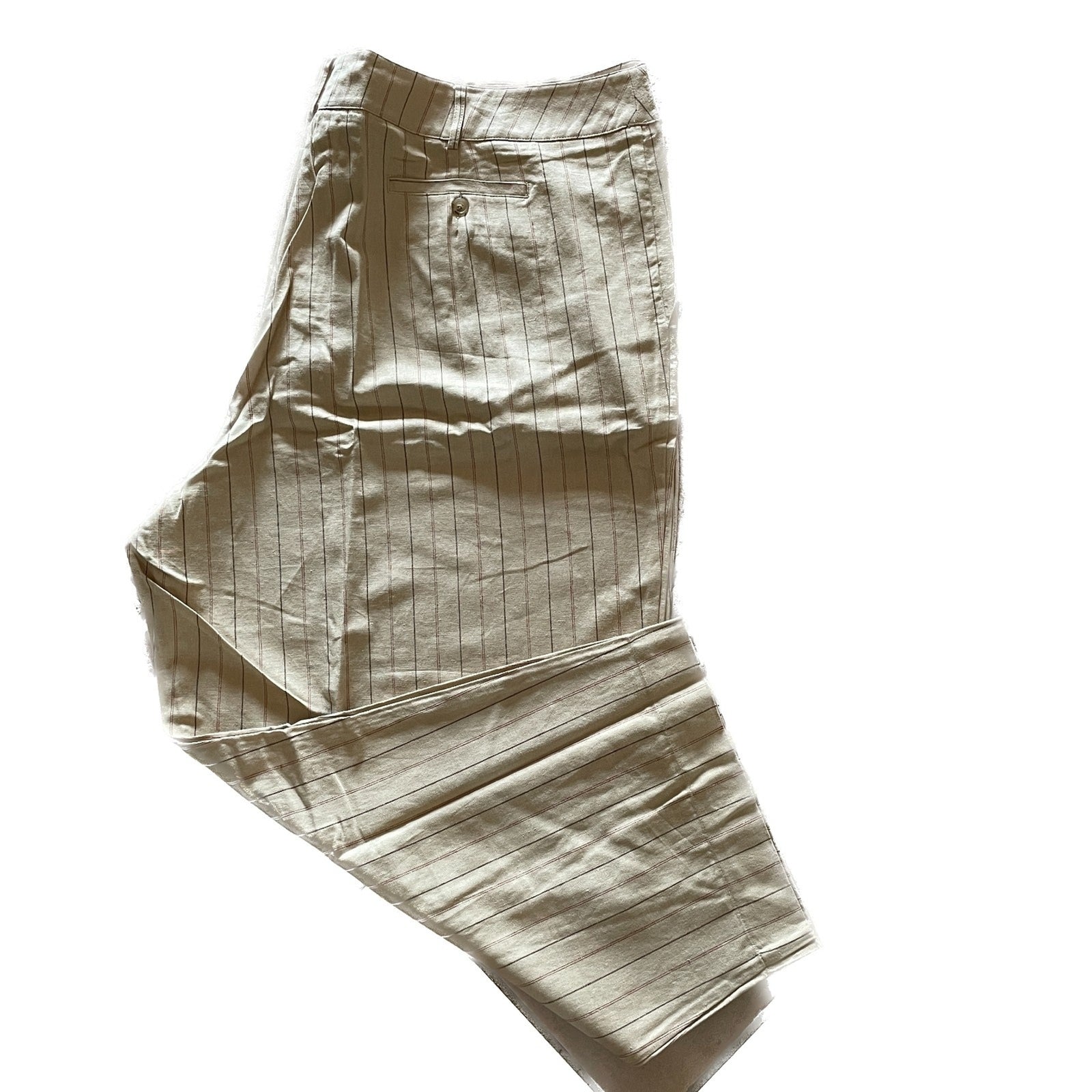 JESSICA LONDON New Beige Linen Chino Pants with Burgundy Pinstripes, Size 34W3