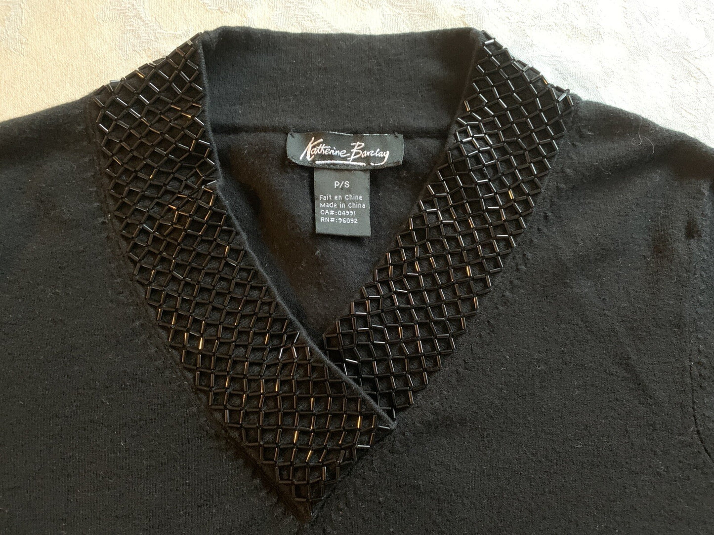 KATHERINE BARCLAY Black Sweater w/Beaded V-Neck5