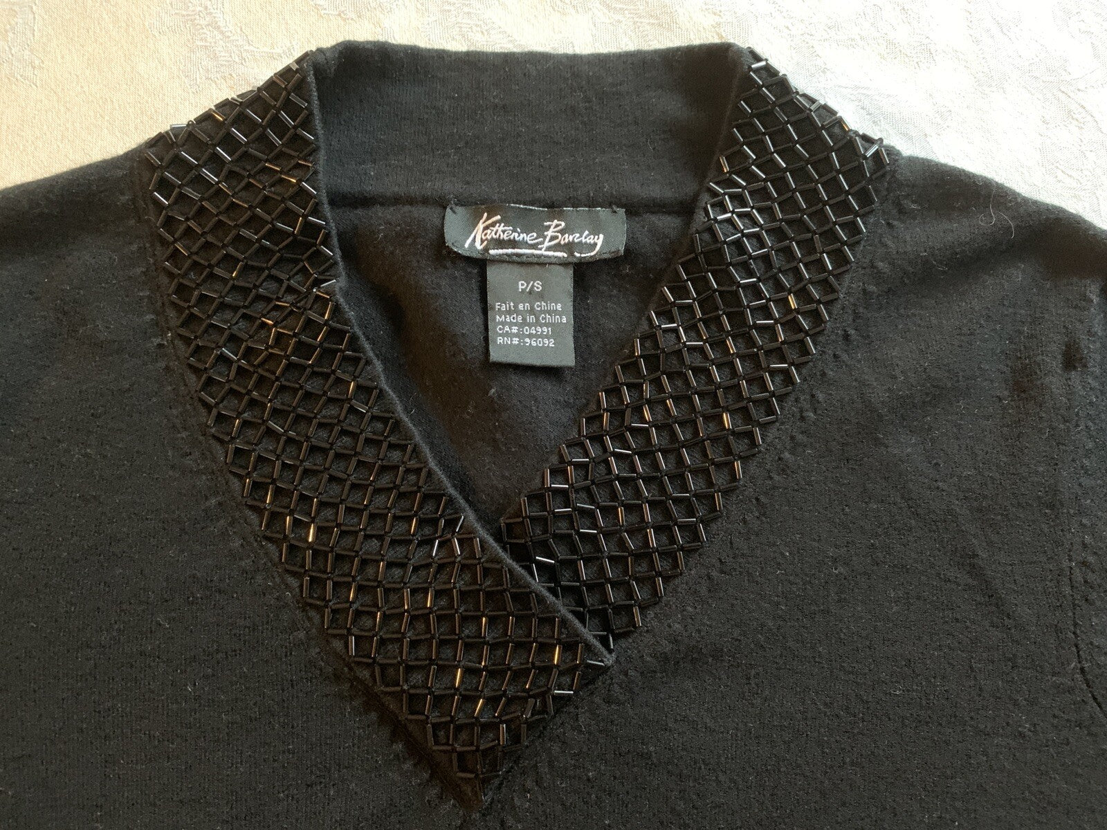 KATHERINE BARCLAY Black Sweater w/Beaded V-Neck5