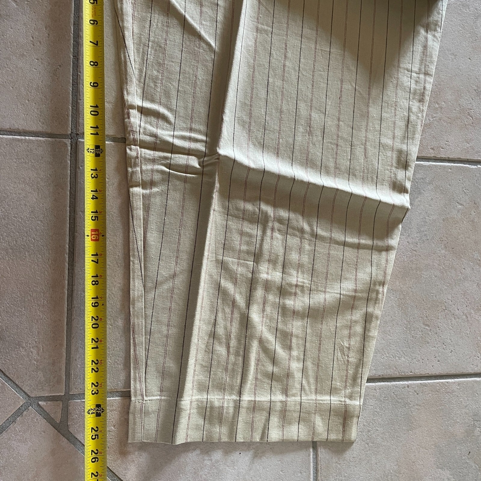 JESSICA LONDON New Beige Linen Chino Pants with Burgundy Pinstripes, Size 34W8