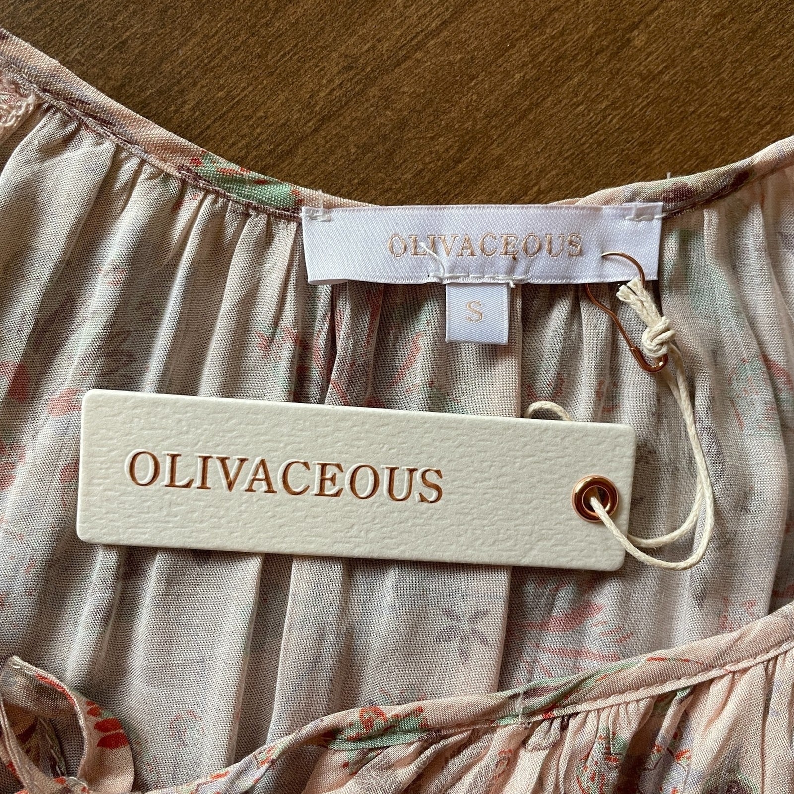 OLIVACEOUS New Peach Floral Rayon Romper with Ruffles, Size S3