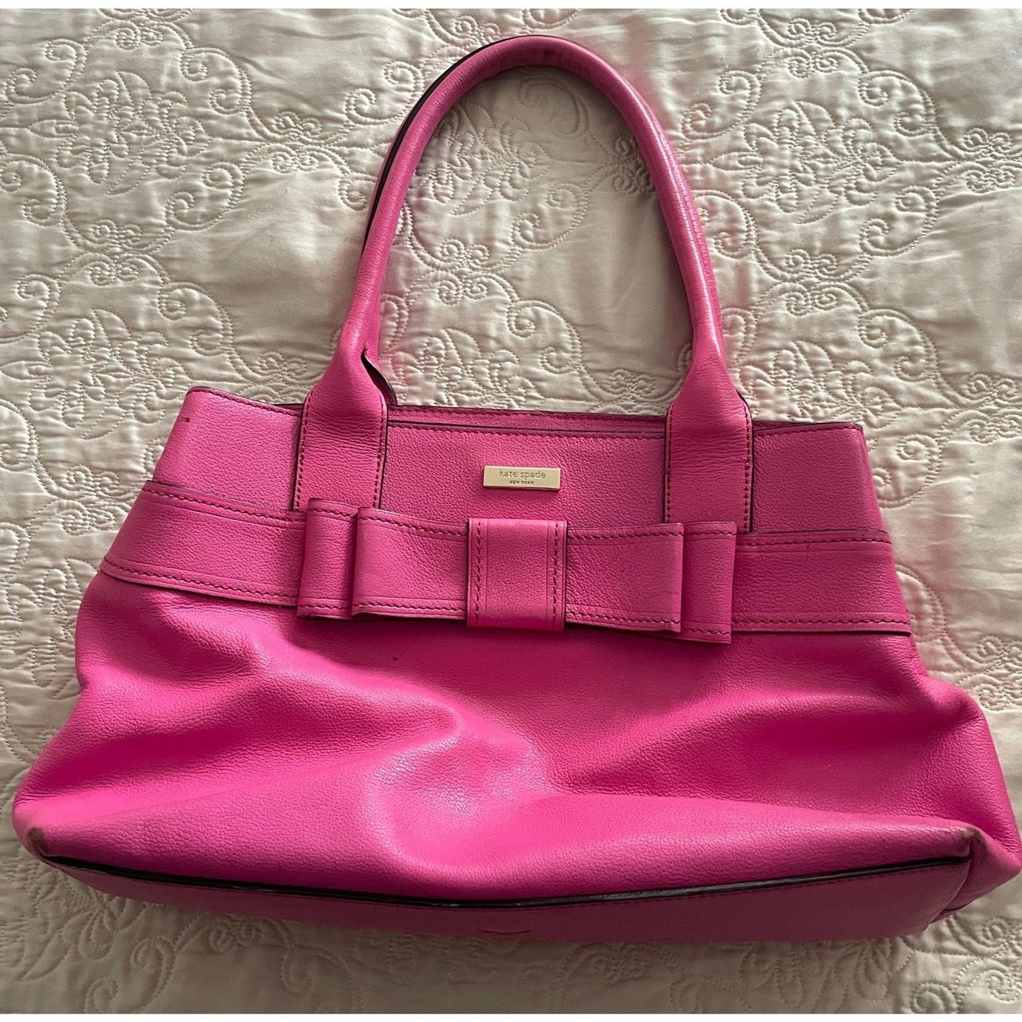 KATE SPADE New York Geniun Leather Pink Fuchsia Bow Satchel Handbag0