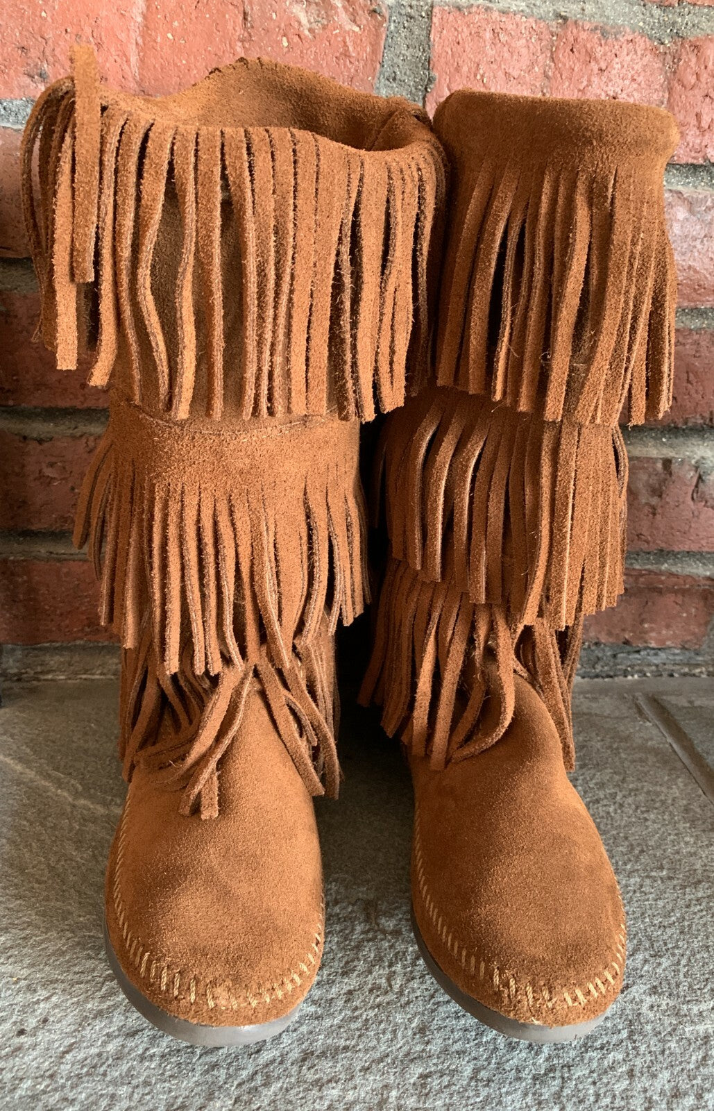 MINNETONKA Brown Suede Three Layer Fringe Boots, Size 75
