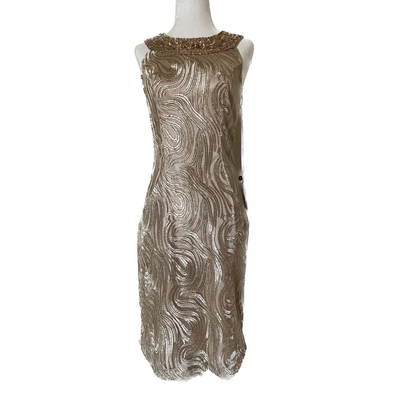 SUE WONG New Gold Sequin Beaded Swirl Dress, Size 20