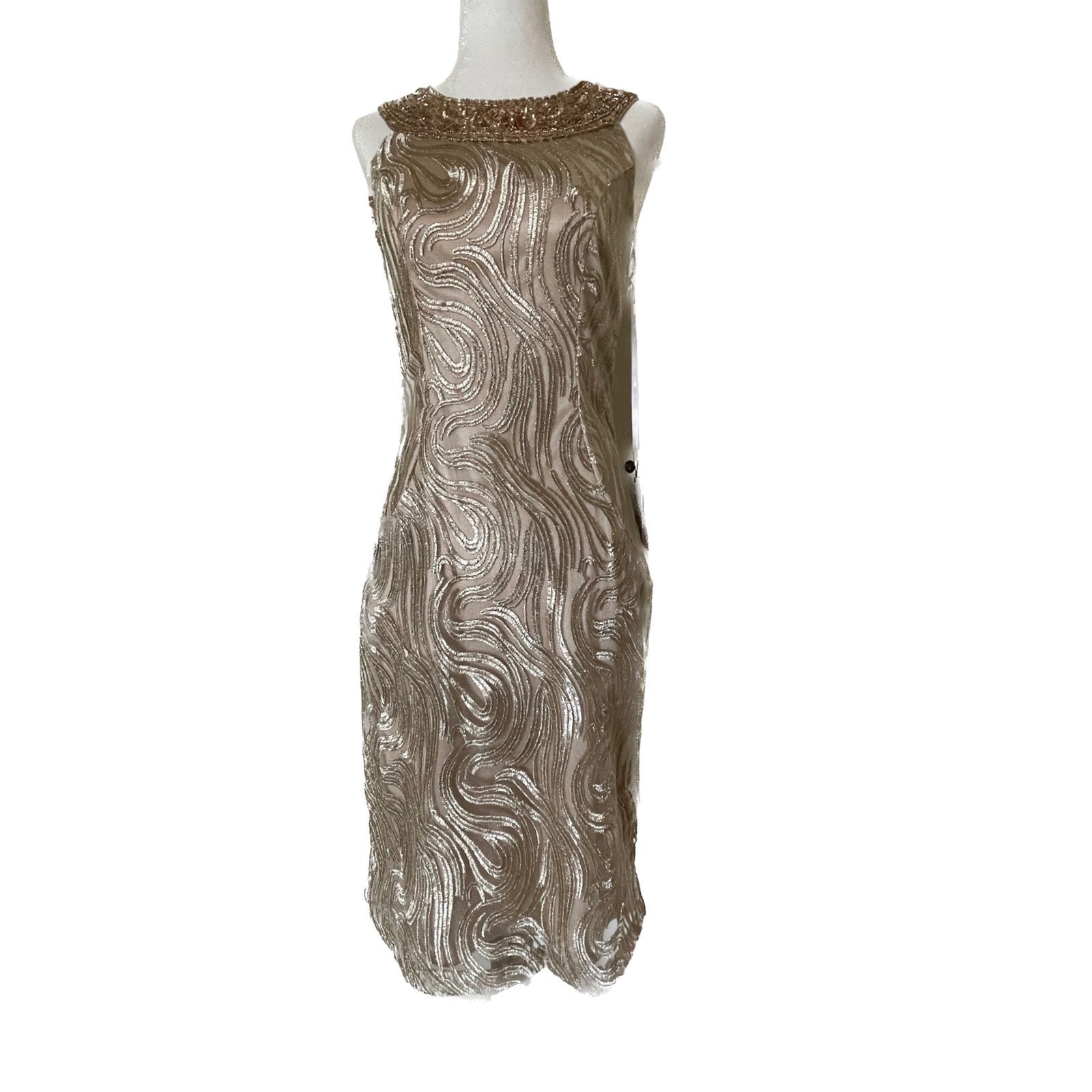 SUE WONG New Gold Sequin Beaded Swirl Dress, Size 20