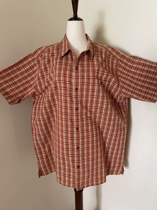 PATAGONIA Short Sleeve Seer Sucker Orange Check Button Down Men's Shirt, Size XL0