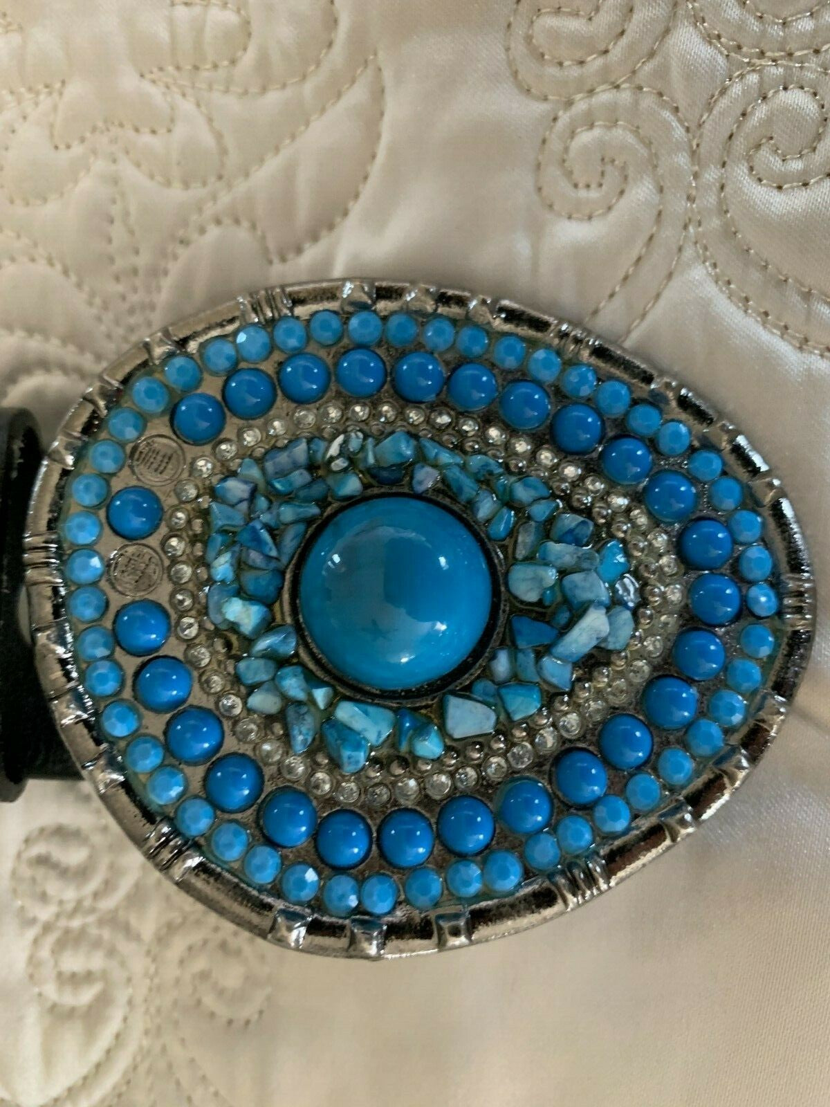 Blue Stone Buckle Black Leather Belt2