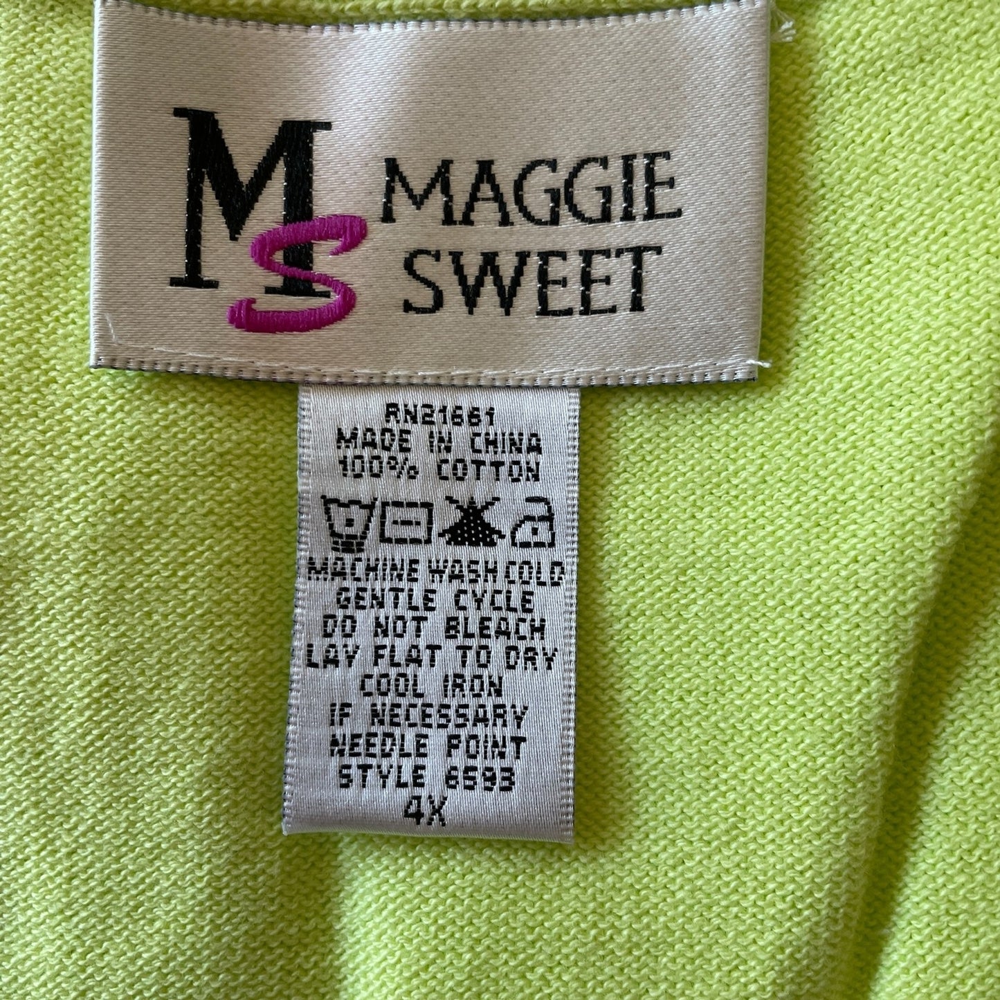 MAGGIE SWEET 100% Cotton Embroidered Lime Green Palm Trees Knit Tank, Size 4X2