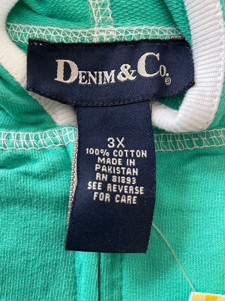 DENIM & CO New Jade Green % Cotton Hoodie w/White Trim and Pockets, Size 3X5