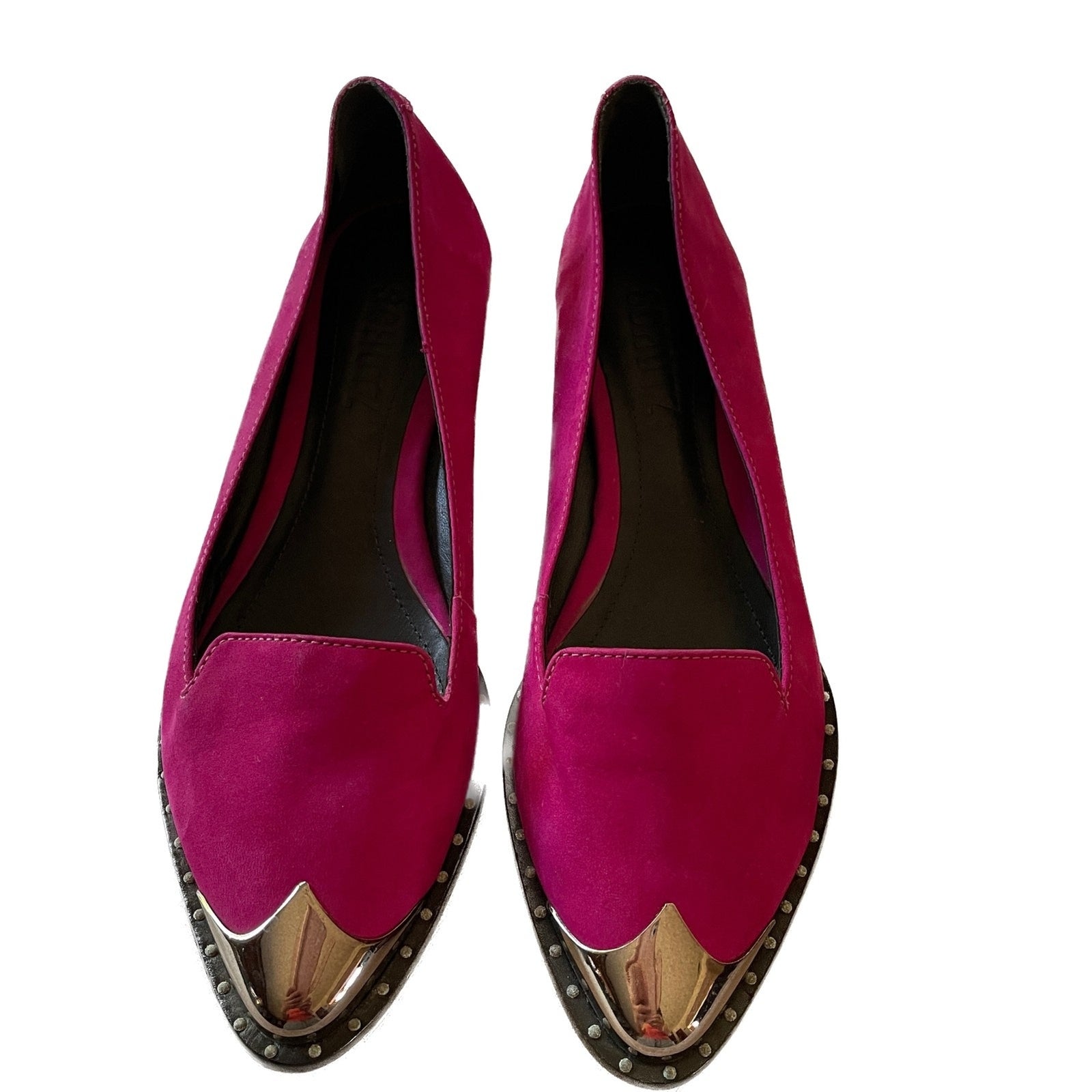 SCHUTZ New Fuchsia Suede Leather Loafers with Silver Pointed Toe, Size 61