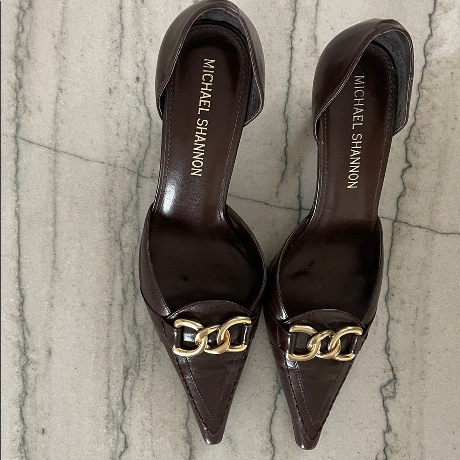 Michael Shannon Chocolate Heels with Gold Accent1