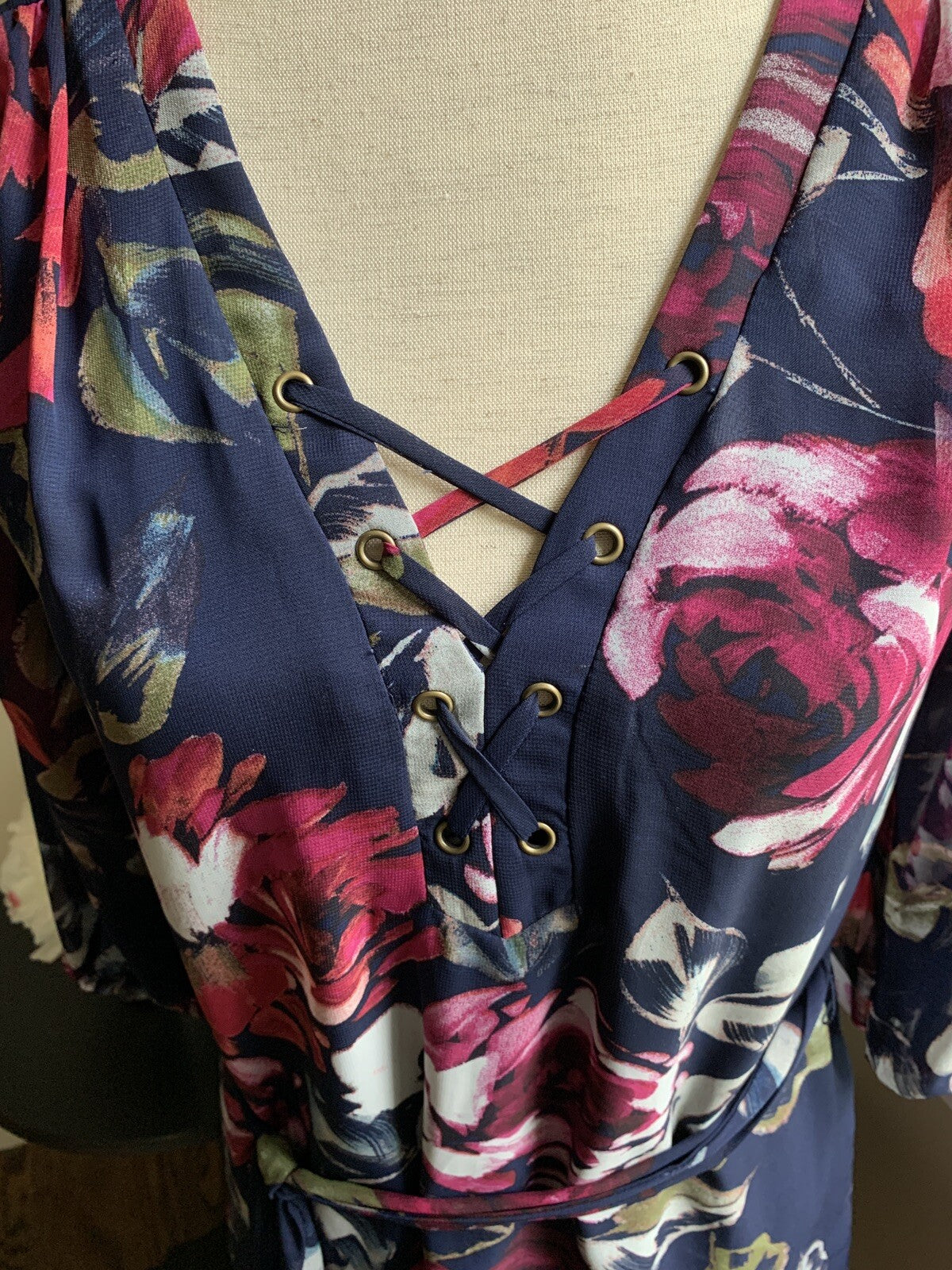 iZ Byer Navy & Pink Floral 3/4 Sleeve Dress, Size S2