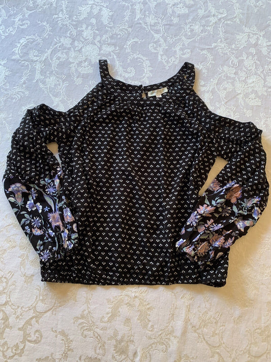LOVE, FIRE Long Sleeve Cold Shoulder Black/White and Floral Top, Size PS0