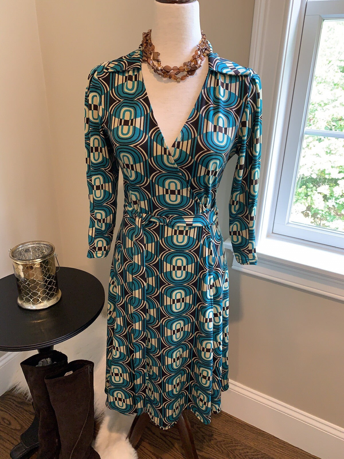 TEMPO PARIS Jade Green, Brown, Cream Geometric Print Dress, Size S3