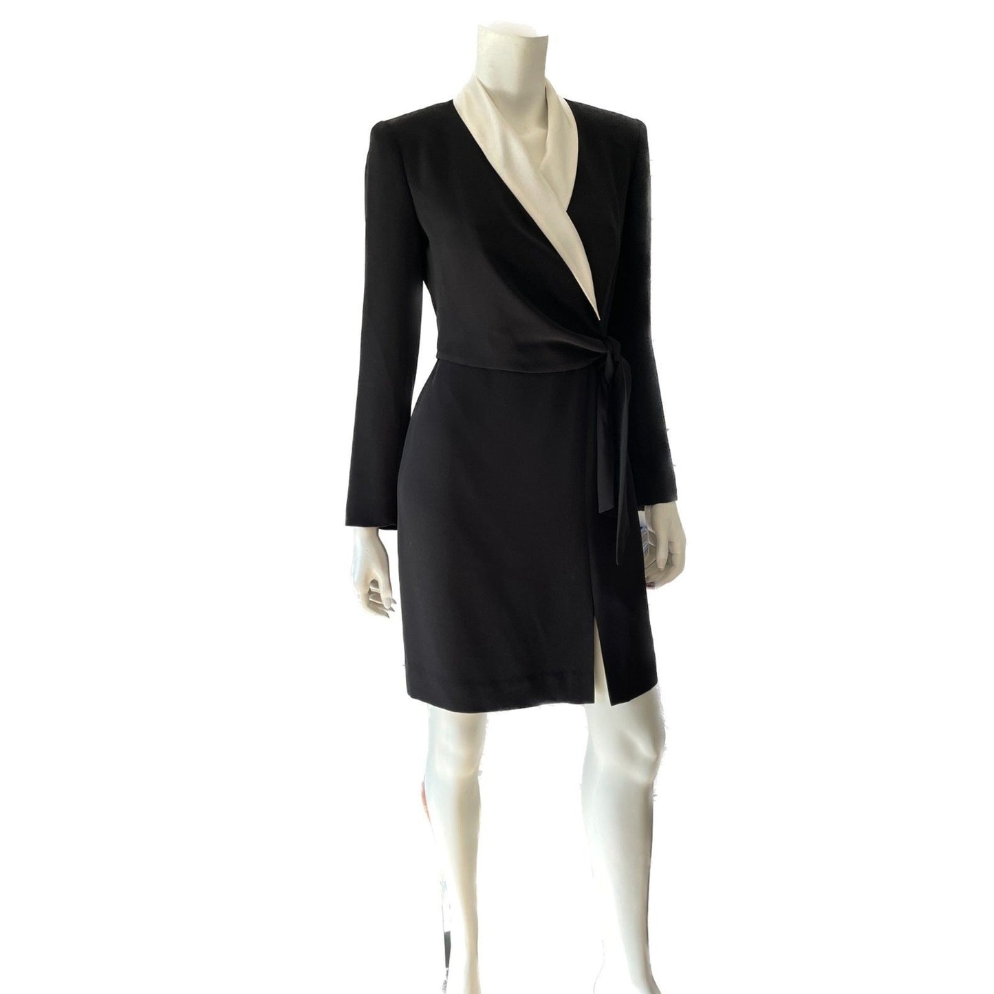 JONES NEW YORK Black Tuxedo Wrap-Around Long Sleeve Dress w/Ivory Lapel, Sz 4P0