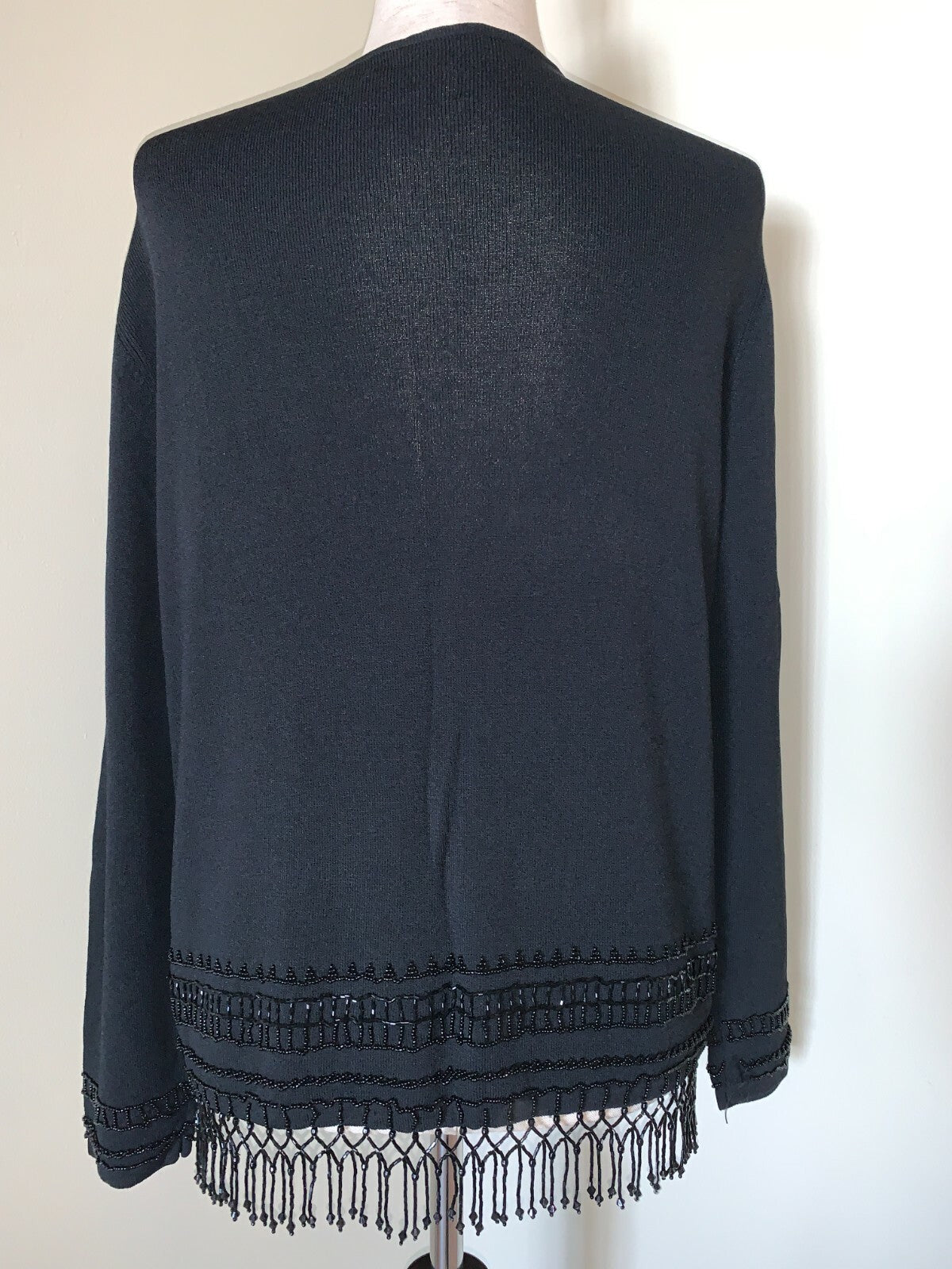 CHICO’S Black Dressy Vintage Cardigan Sweater with Black Beaded Fringe Trim1