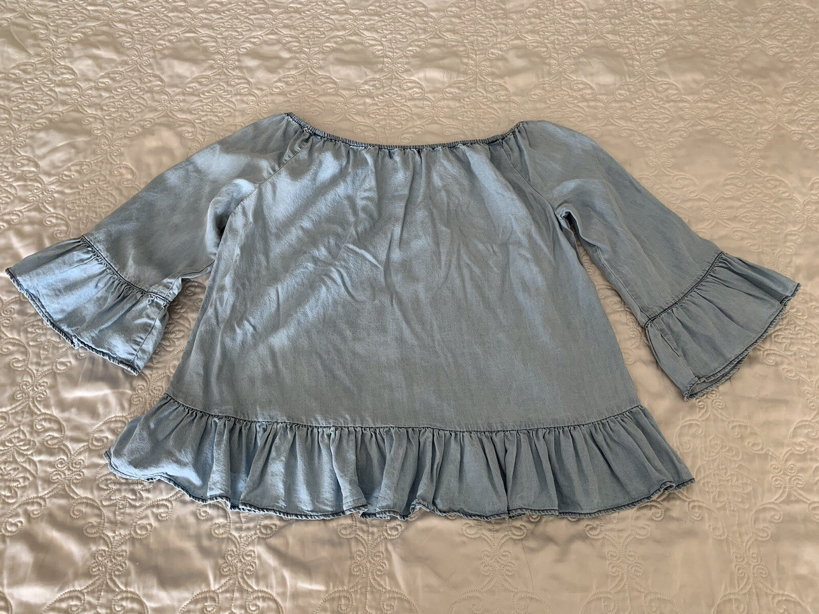 SANCTUARY Charlotte Blue Chambray Peasant-Style Top, Size M8