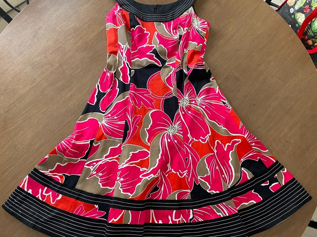 NINE WEST Red, Black Bold Floral Fit Flare Cotton Sleeveless Dress, Size 43