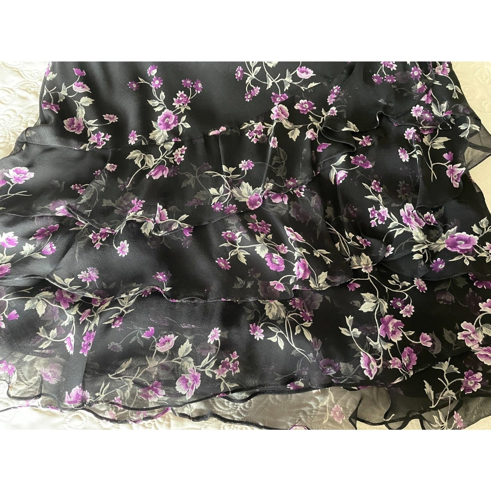 ROBBIE BEE NWOT Black & Purple Floral 100% Silk Slip Dress w/Sequin Top, Size 4P7