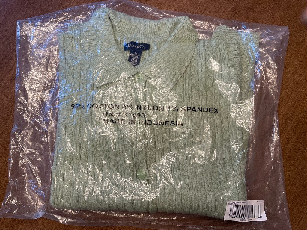 DENIM & CO New Jade Green Cable Knit cotton Cardigan Sweater, Size 3X14