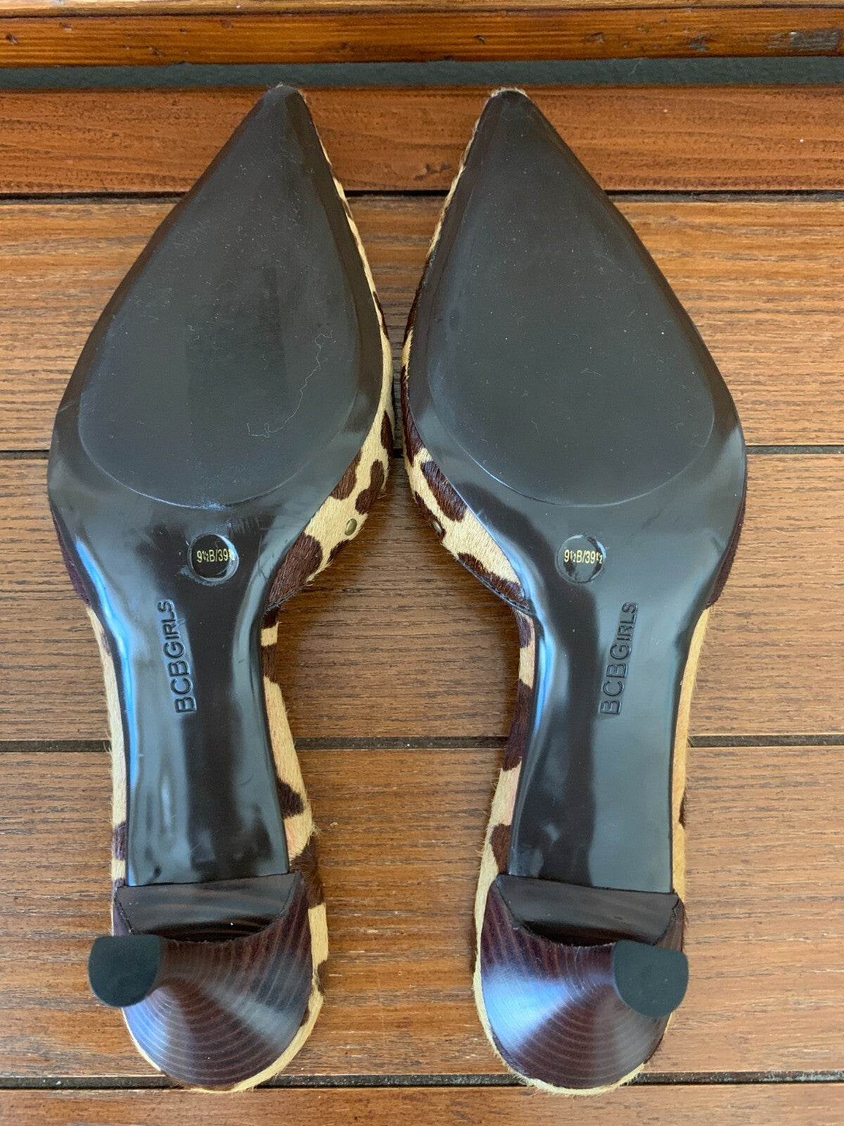 BCBGirls Mink-like Suede Leopard Mules, Size 9.53