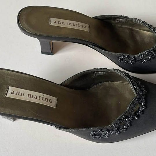 Ann Marino dark grey leather and satin beaded Mules, Size 8.5 with 3.5 inch heel0