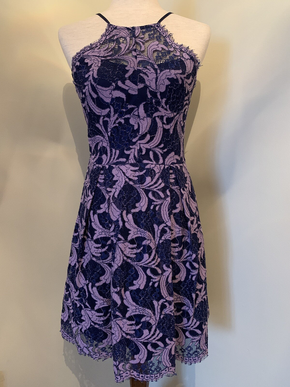 FRANCESCA’S lace halter dress in purple and blue3