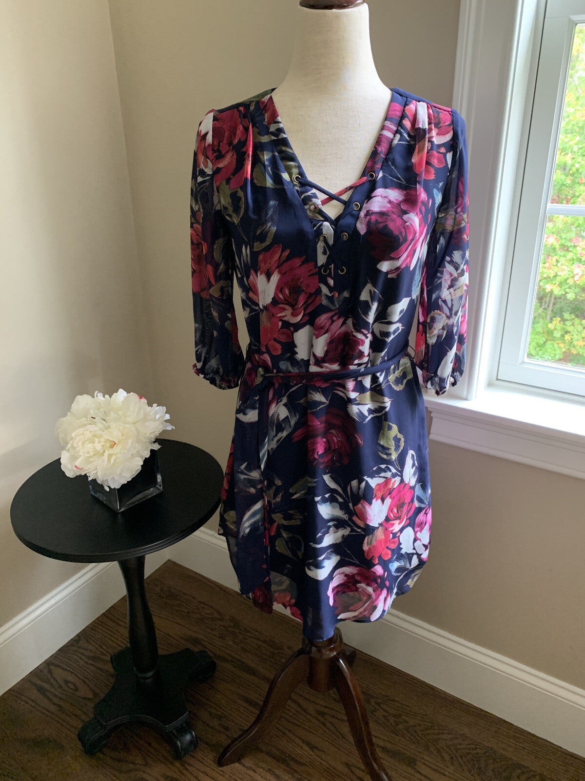 iZ Byer Navy & Pink Floral 3/4 Sleeve Dress, Size S0