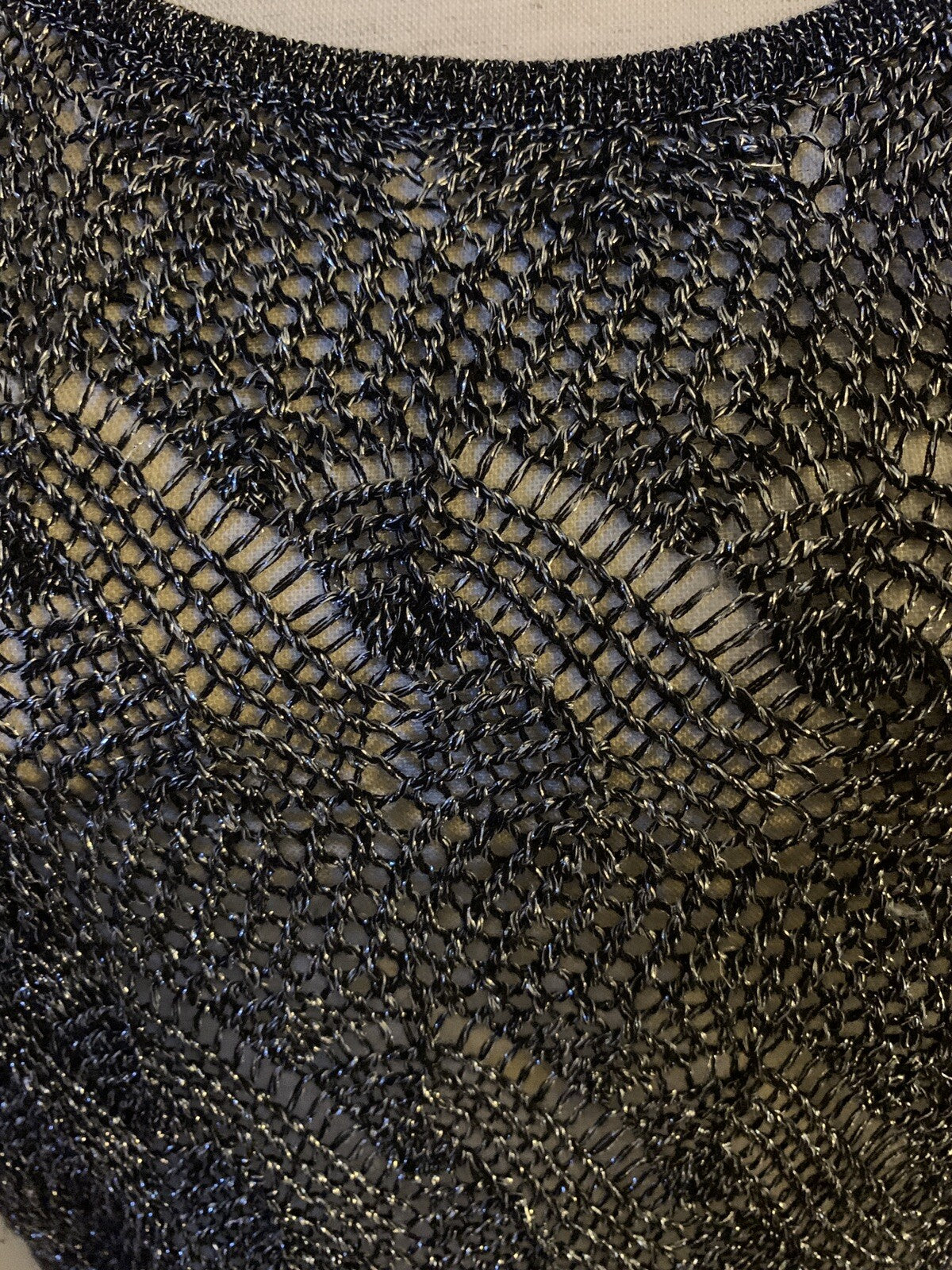 CACHE Open Knit METALLIC Silver Crochet Sweater, Size S2