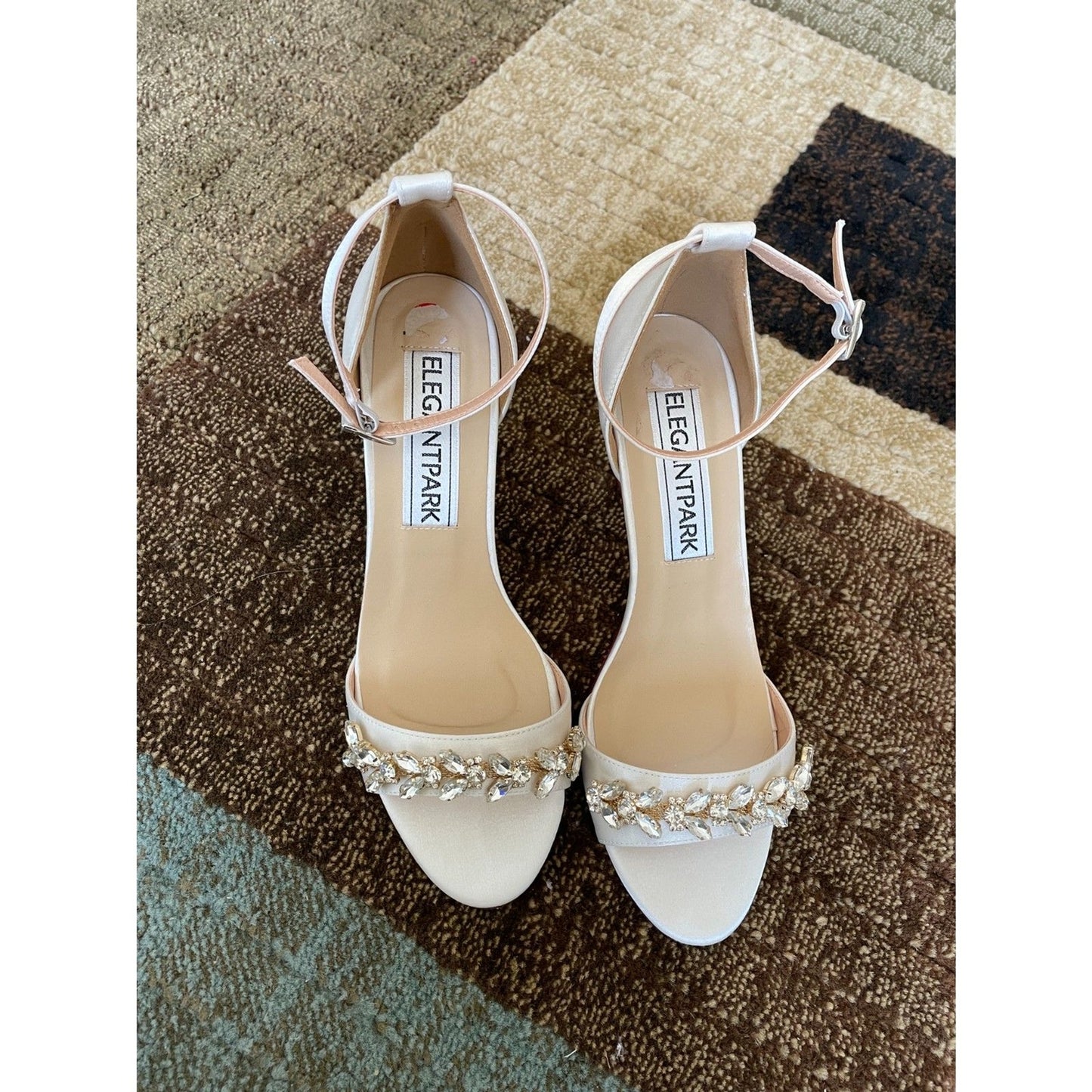 ELEGANT PARK Ivory Peep Toe 3 inch heels with crystal embellishments, Size 88