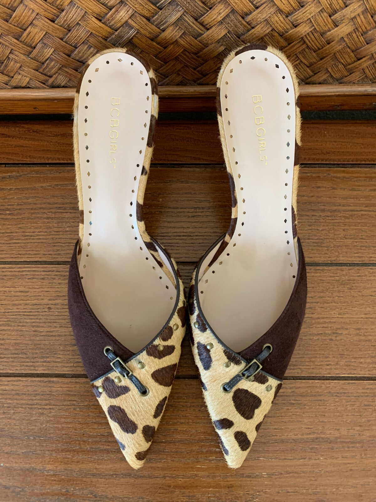 BCBGirls Mink-like Suede Leopard Mules, Size 9.58