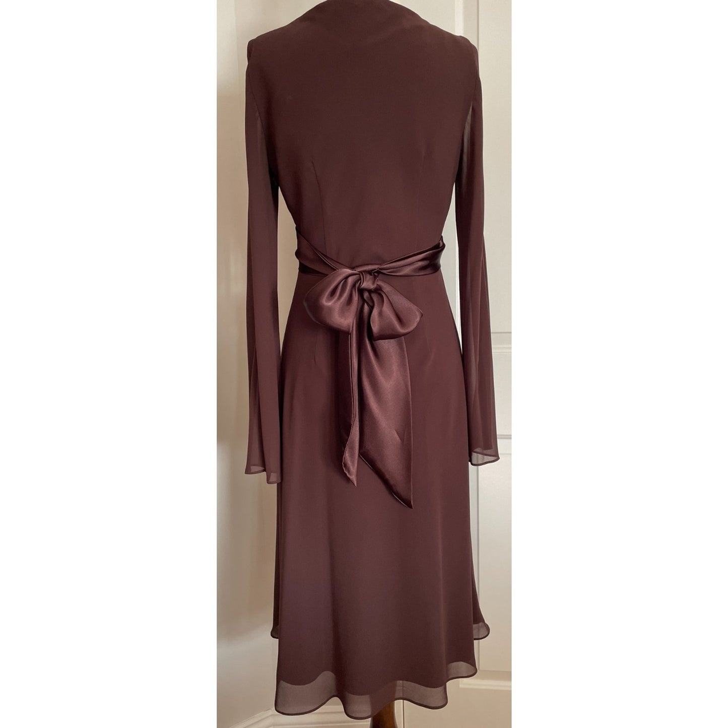 LIZ CLAIRBORNE Chocolate Brown Sheer Dress with Satin Sash Bow, Size 42
