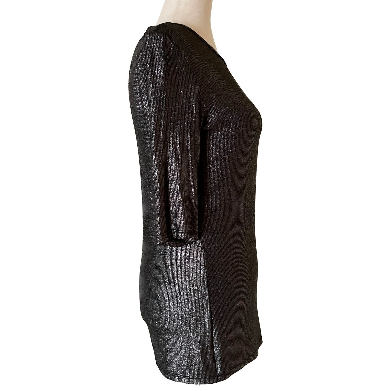 LOLA & SOPHIE New Gunmetal Metallic Pullover Sweater, 3/4 Sleeves, Size S1