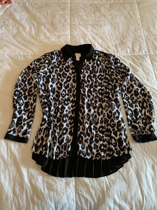 CHICO'S Black and White Animal Print Pleated Blouse, Size 10