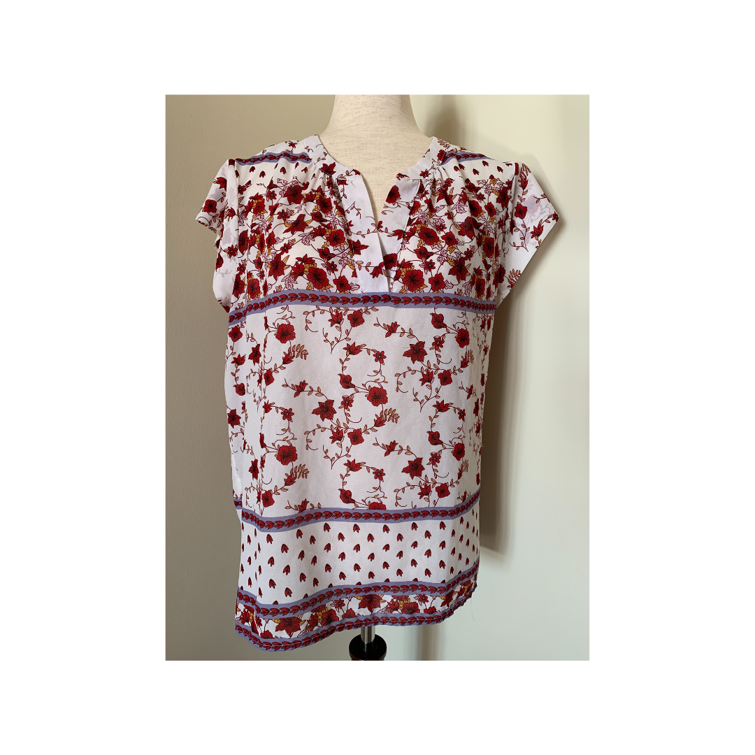 LIZ CLAIRBORN Rust and Cream Floral Sleeveless Blouse, Size Large0