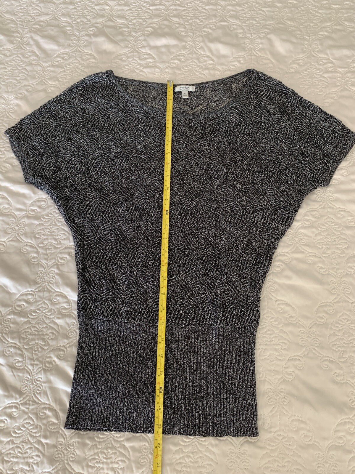 CACHE Open Knit METALLIC Silver Crochet Sweater, Size S6