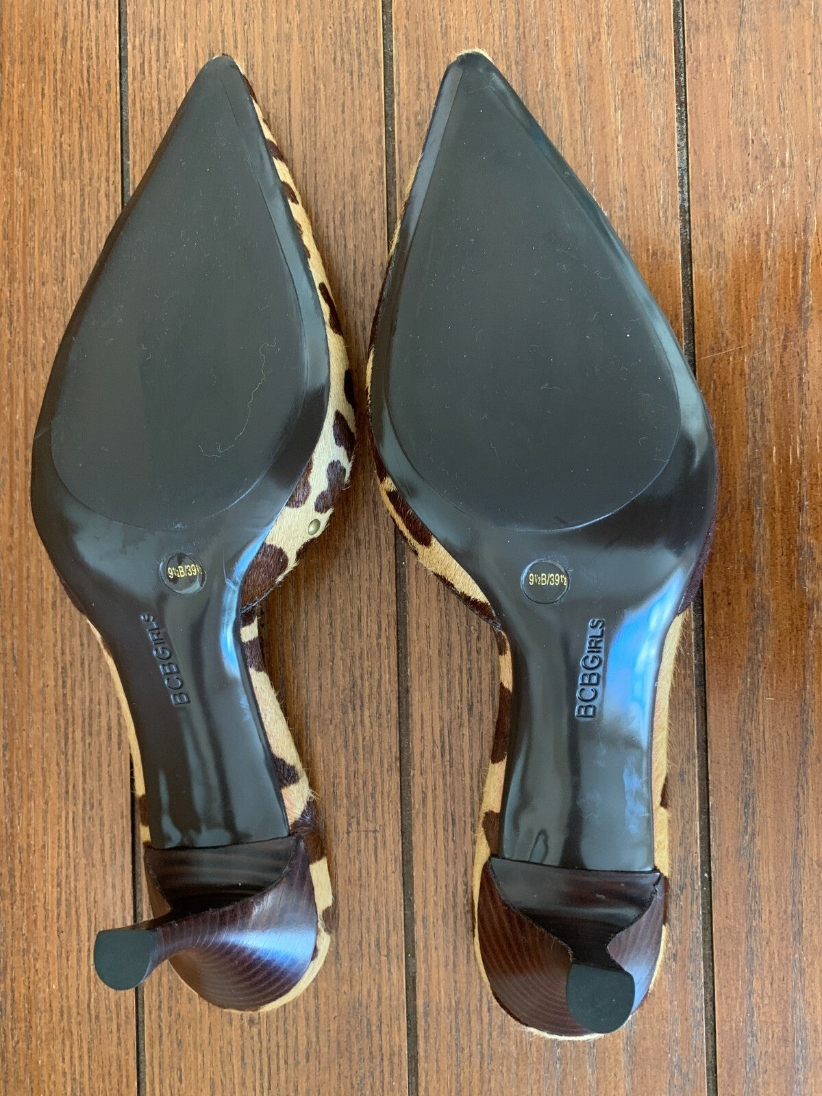 BCBGirls Mink-like Suede Leopard Mules, Size 9.54