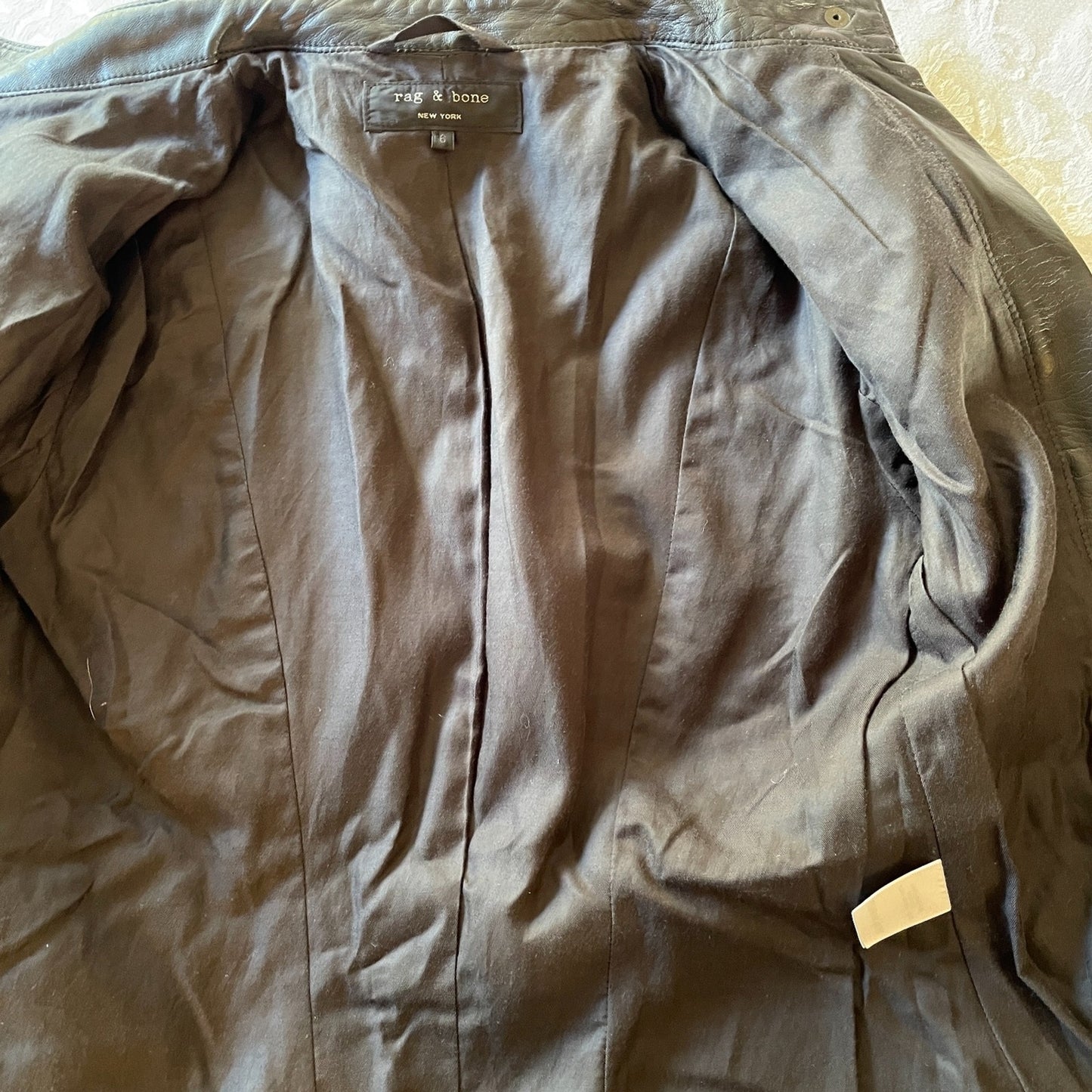 RAG & BONE Black Leather Jacket Asymmetrical Zipper, Wool Sleeves, Size 65